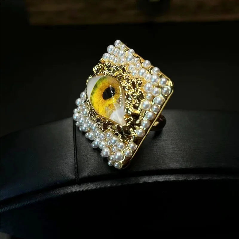 Personality Eye Open Ring Pearl Devil's Eye for Women Men Metal Rings Jewelry Brass 2024 New European Trendy