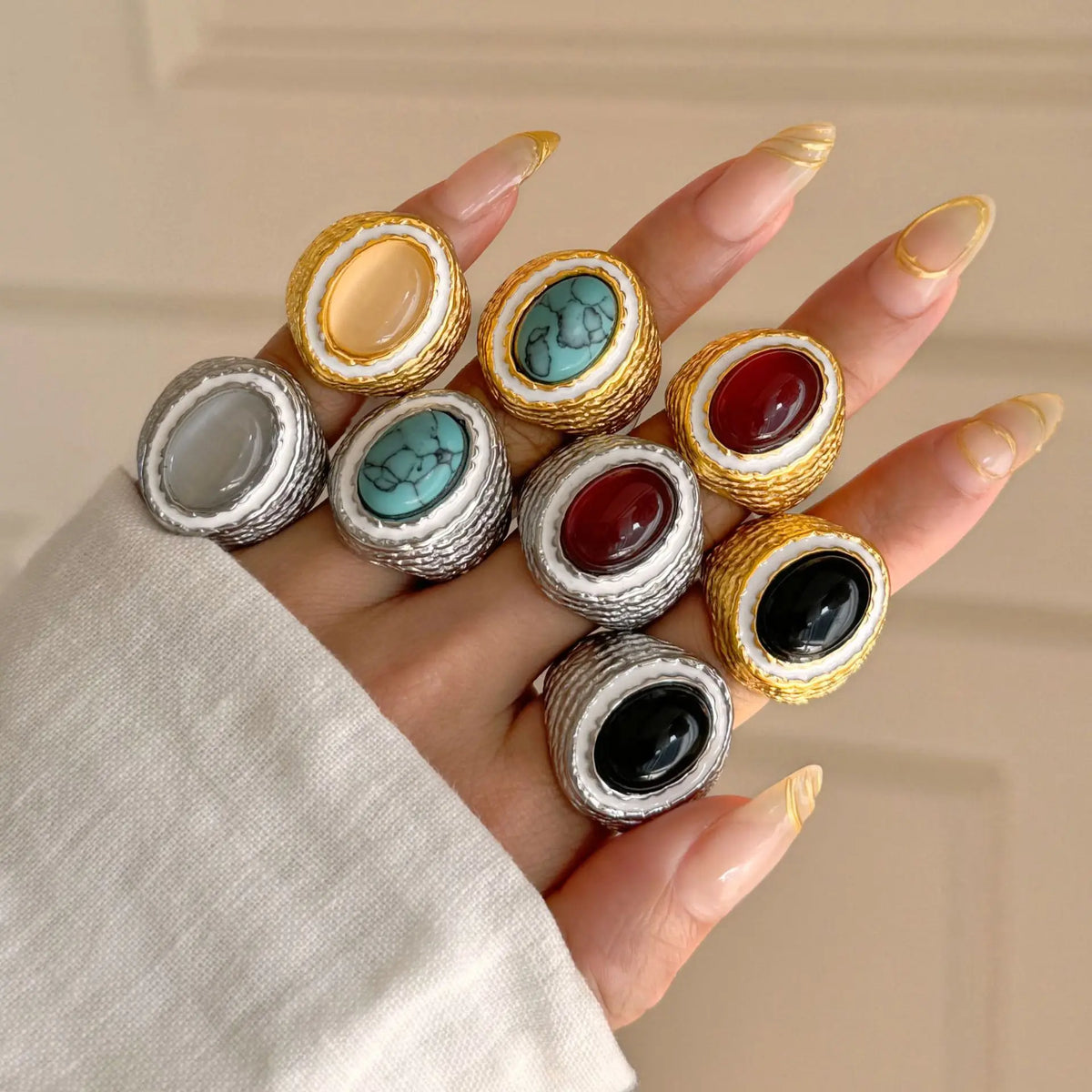 Vintage Natural Colorful Stone Ring For Woman Hollow Gold Silver Color Stainless Steel Ring Wide Thick Ring Party Jewelry Gifts