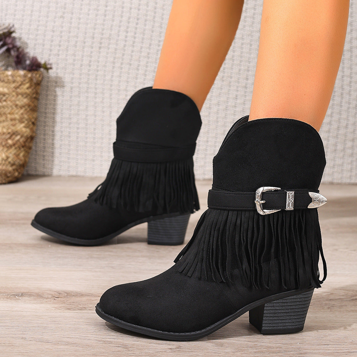 Fringe Belt Buckle Slip-On Ankle Boots