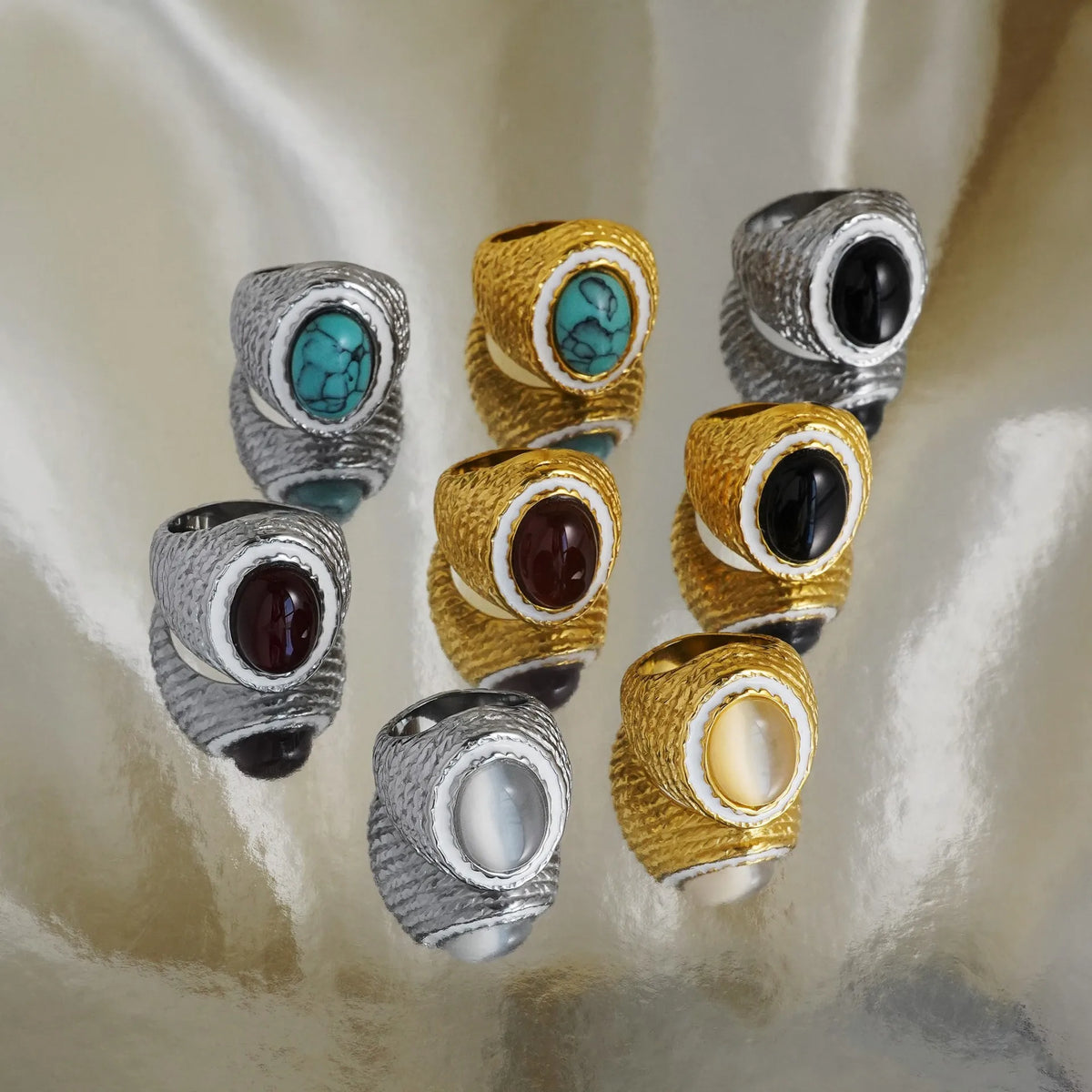 Vintage Natural Colorful Stone Ring For Woman Hollow Gold Silver Color Stainless Steel Ring Wide Thick Ring Party Jewelry Gifts