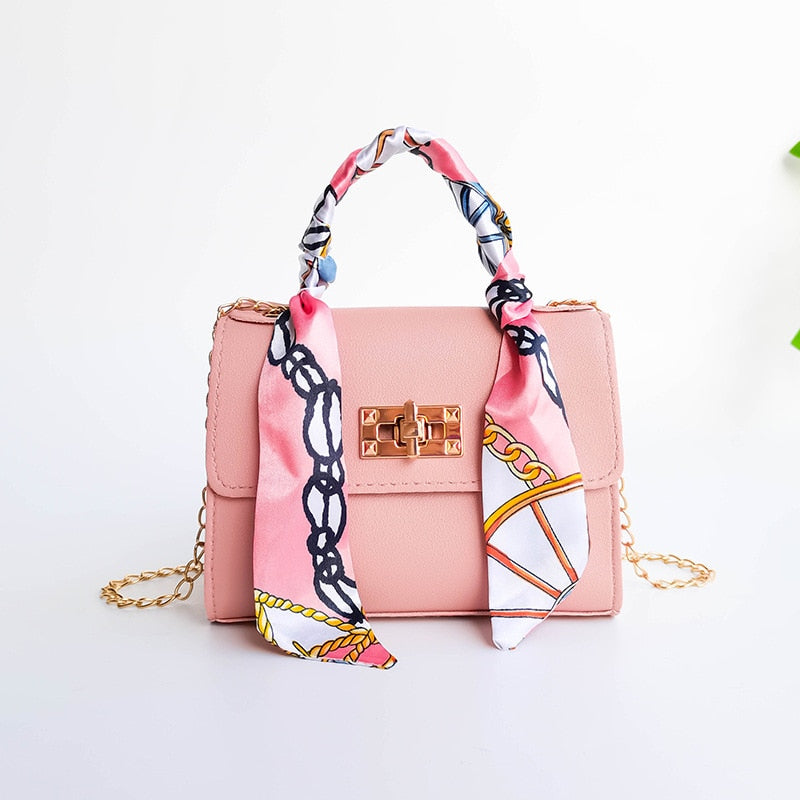 Silk Scarf Lock Chain Mini Square Bag