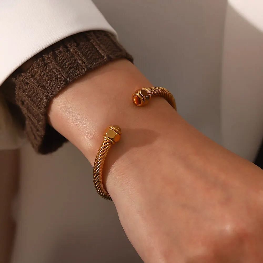 Stainless Steel Natural Stone Metal Texture Twisted Thread Bracelet 18k Gold Plated Tarnish Proof Women Jewelry Gift