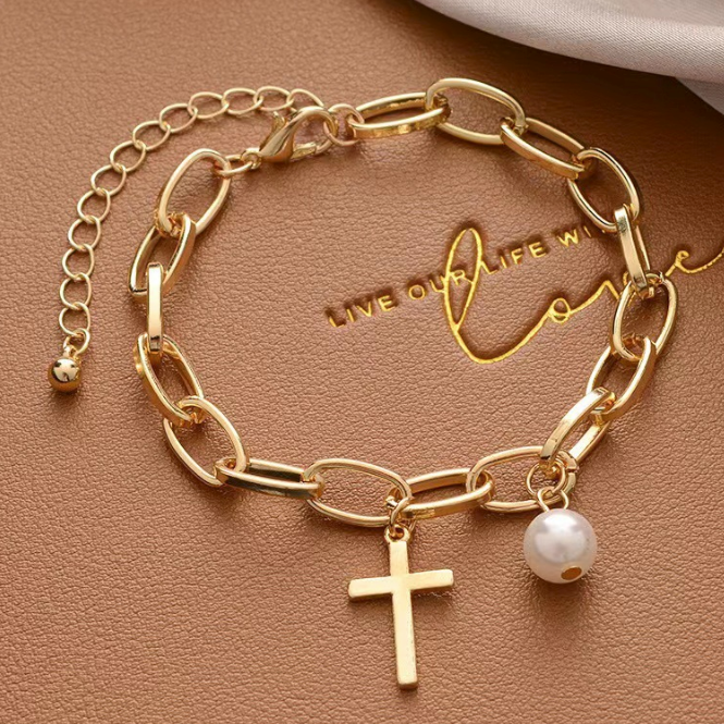 Pearl & Cross Oval Link Bracelet