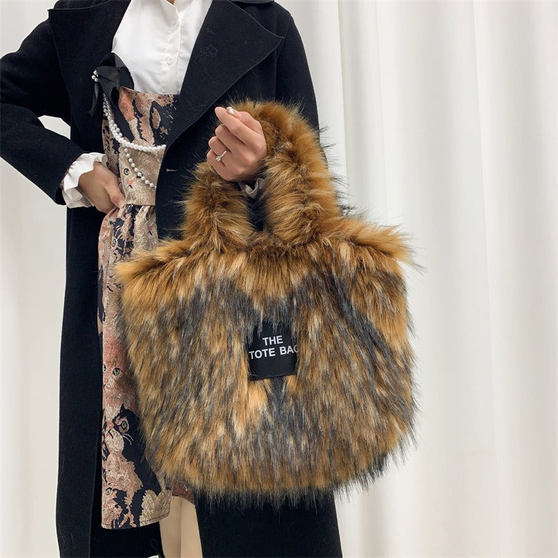 Faux Raccoon Fur Plush Tote