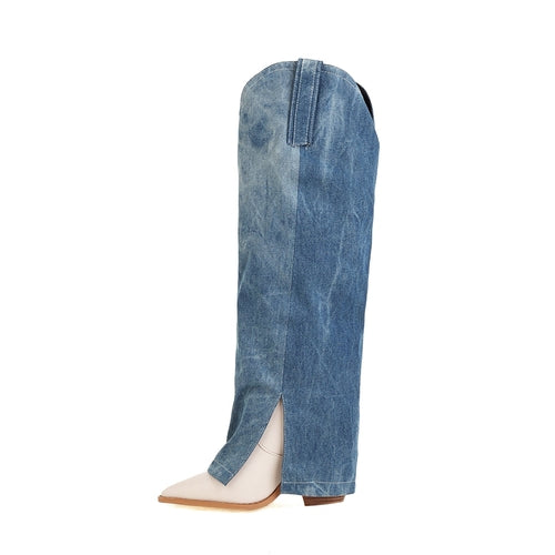 Denim Knee-High Boots – Wood Heel