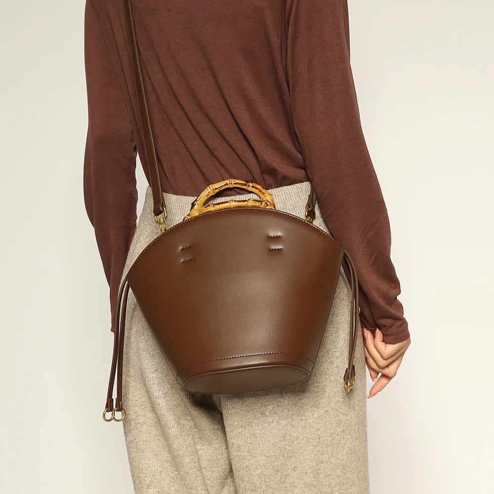 Bamboo Handle Leather Bucket Crossbody