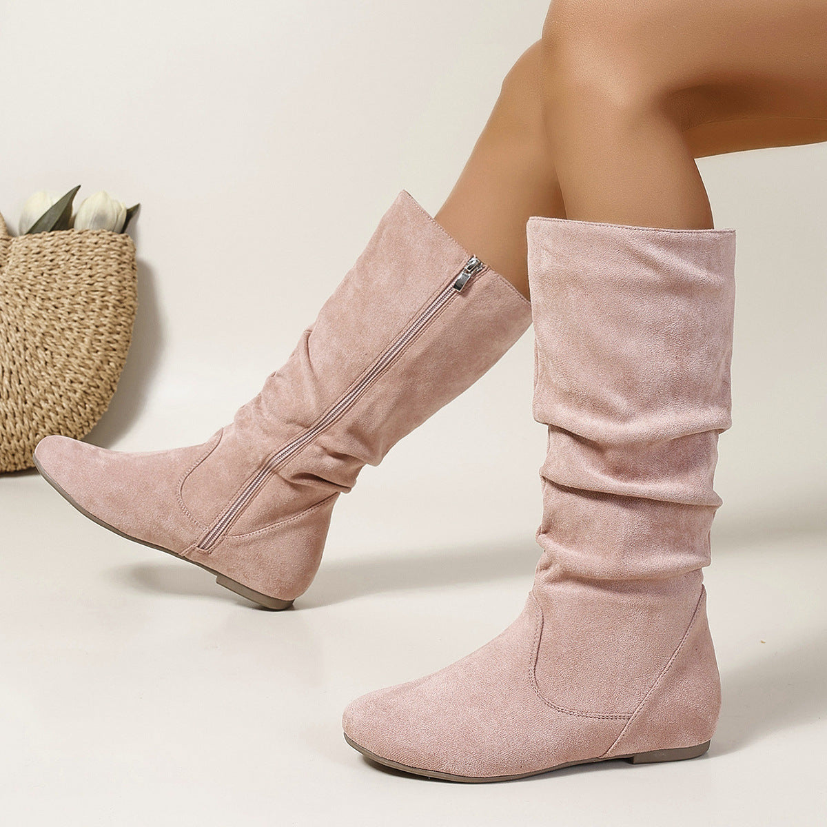 Pleated Side Zip Flat Mid-Calf Boots