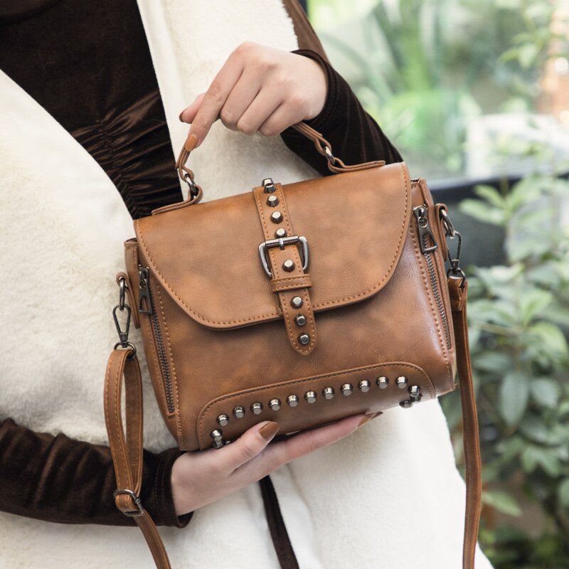 Vintage Rivet Leather Crossbody Bag