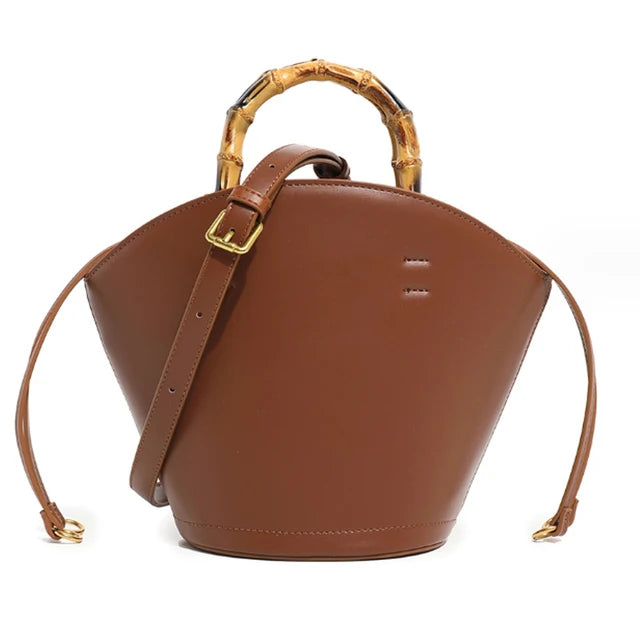 Bamboo Handle Leather Bucket Crossbody