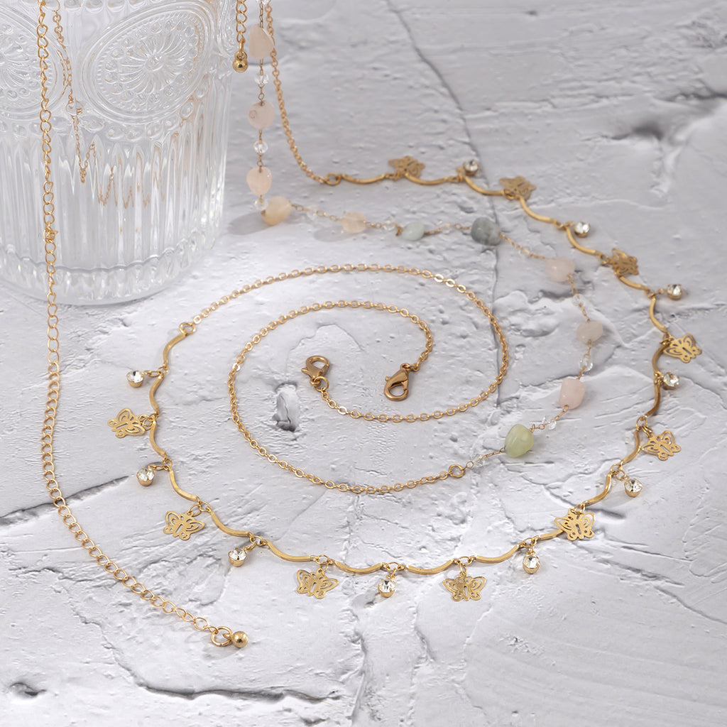 Double layered imitation crystal colored butterfly tassel body chain