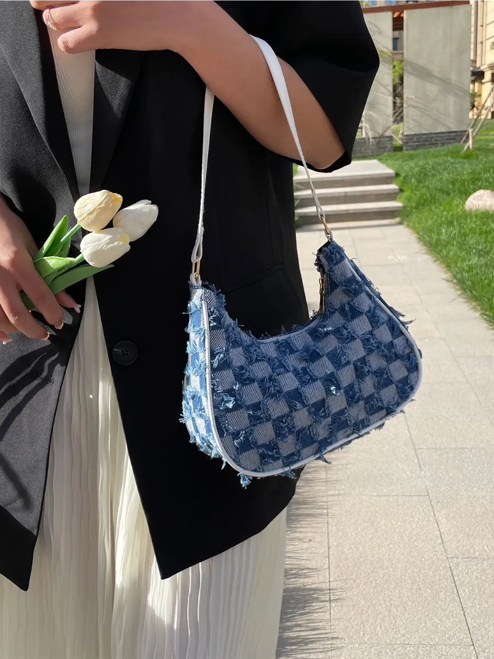 Checkered Raw Hem Shoulder Bag