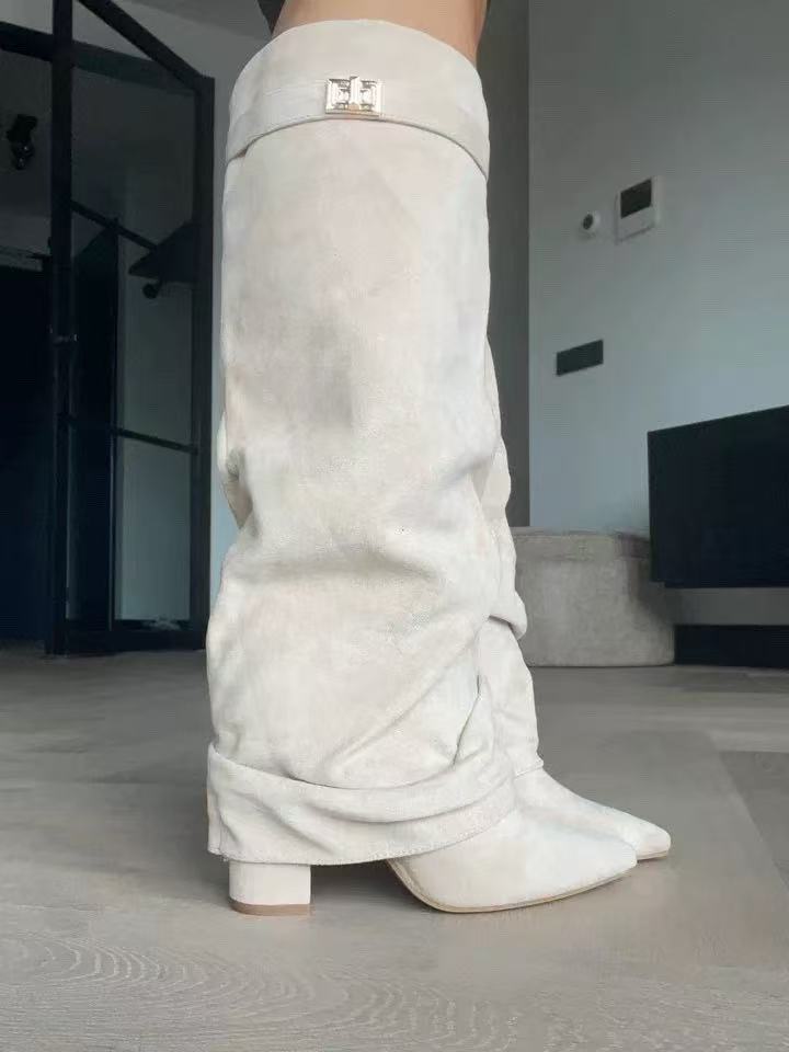 Metal Buckle Pleated Pipe Mid-Calf Boots