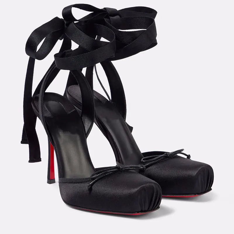 Satin Square Toe Ankle Strap Heels