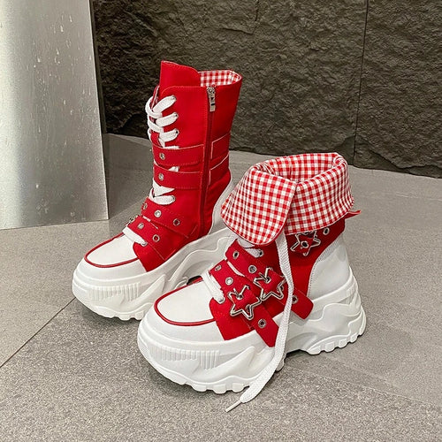 Single Boots Autumn New Round Toe Front Lace-Up Platform Non-Slip