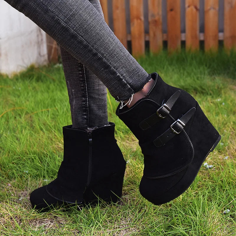 Suede Wedge High Heel Boots