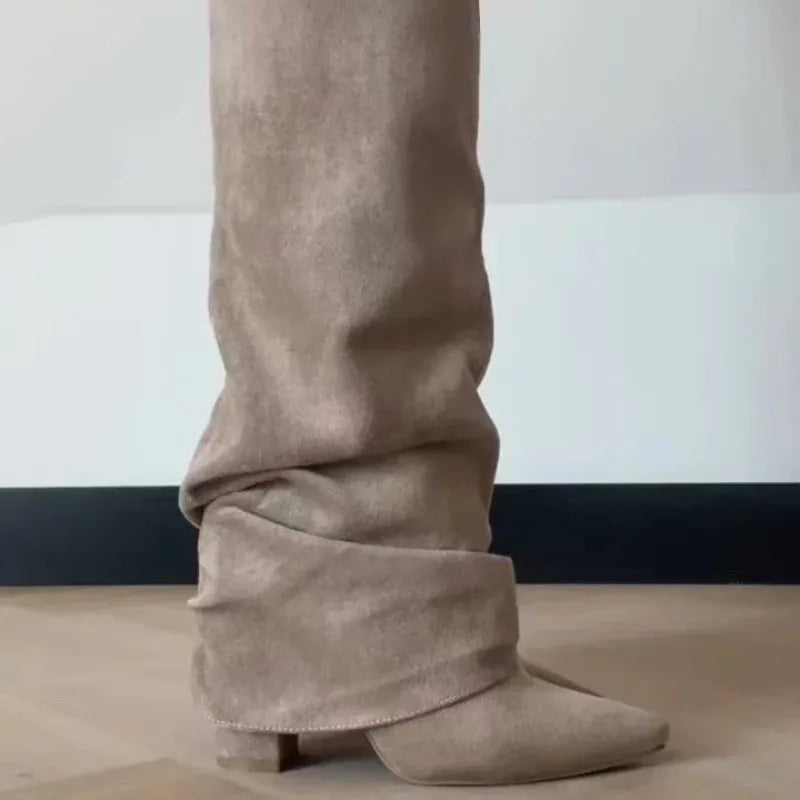 Metal Buckle Knee-High Pointed Toe Boots