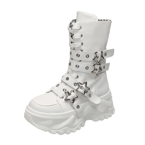 Single Boots Autumn New Round Toe Front Lace-Up Platform Non-Slip