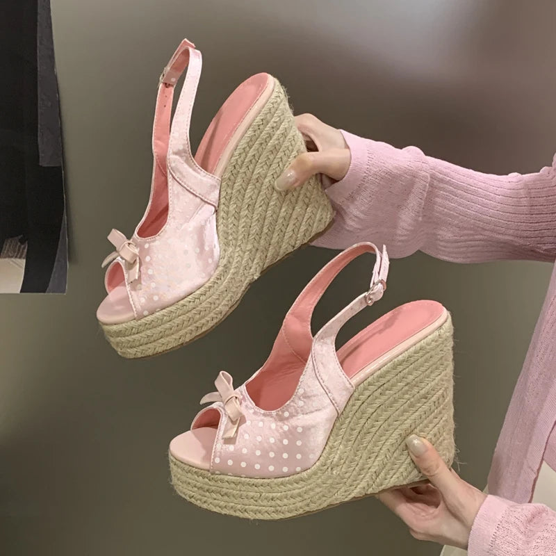 Aneikeh Summer Thick Soled Grass Woven High Heels Casual Retro Roman