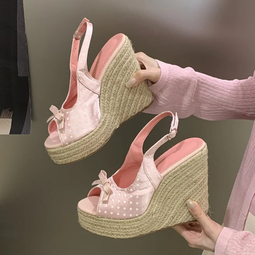 Aneikeh Summer Thick Soled Grass Woven High Heels Casual Retro Roman