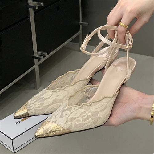 Lace Pointed Toe Slingback Heels