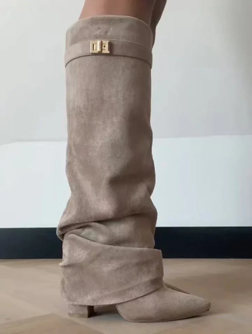 Metal Buckle Knee-High Pointed Toe Boots