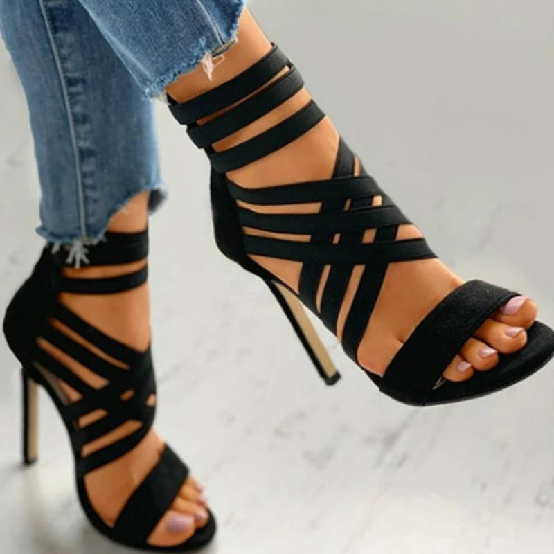 Elastic Band Cross Peep Toe Pumps