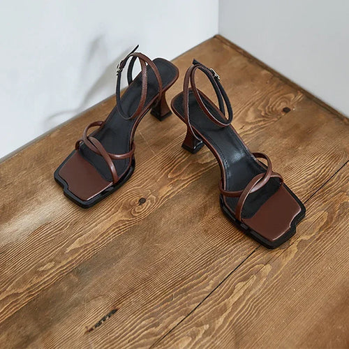 Narrow Band Ankle Strap Thick Heel Sandals