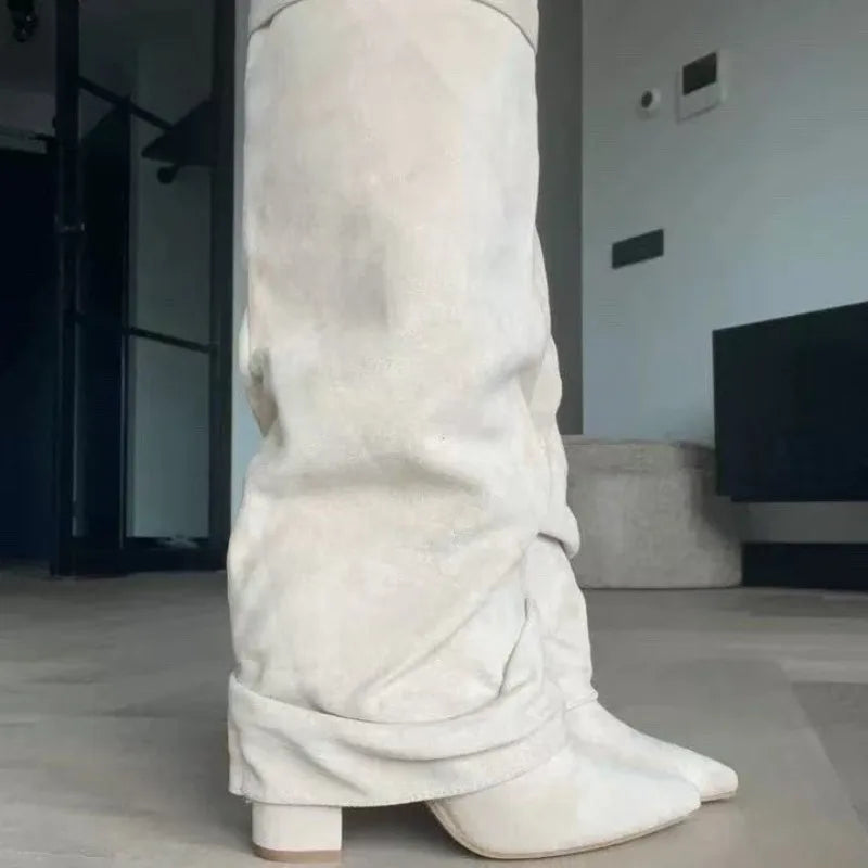 Metal Buckle Knee-High Pointed Toe Boots