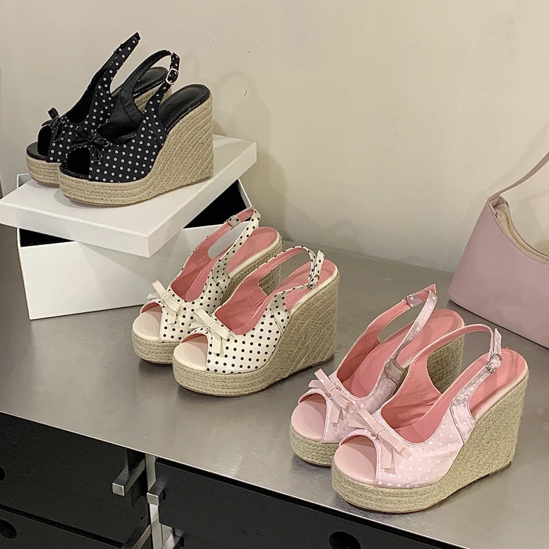Aneikeh Summer Thick Soled Grass Woven High Heels Casual Retro Roman