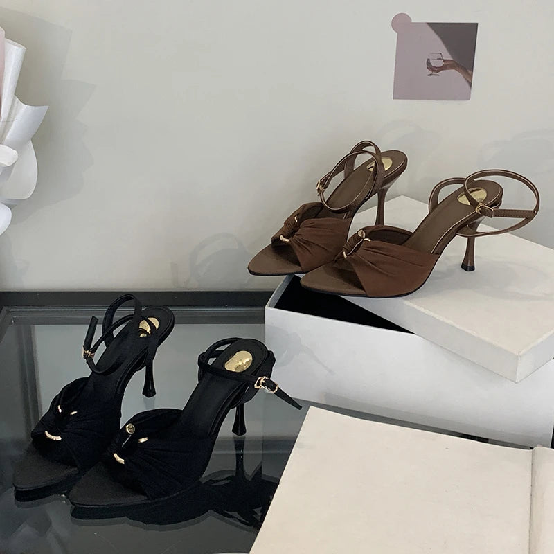 Pleated Hollow Buckle Strap Heels