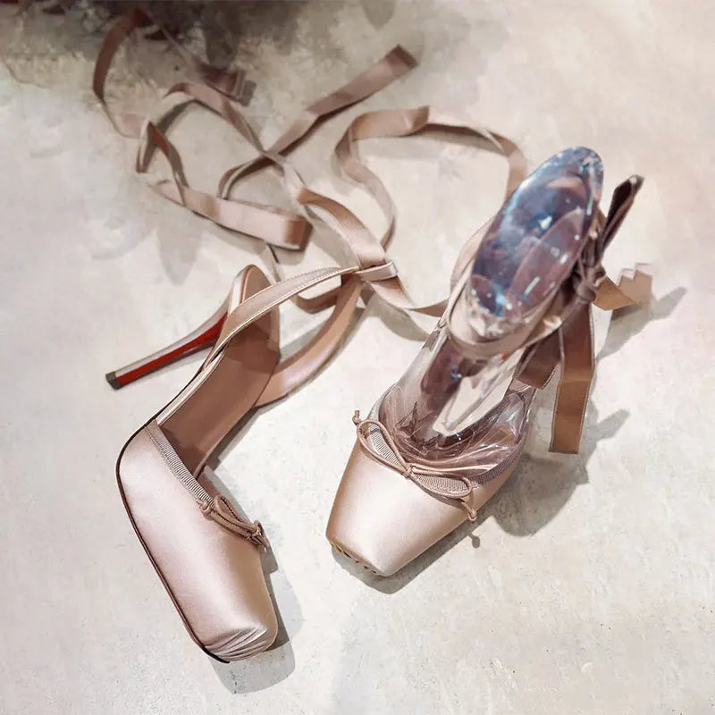 Satin Square Toe Ankle Strap Heels