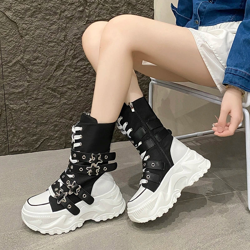 Single Boots Autumn New Round Toe Front Lace-Up Platform Non-Slip