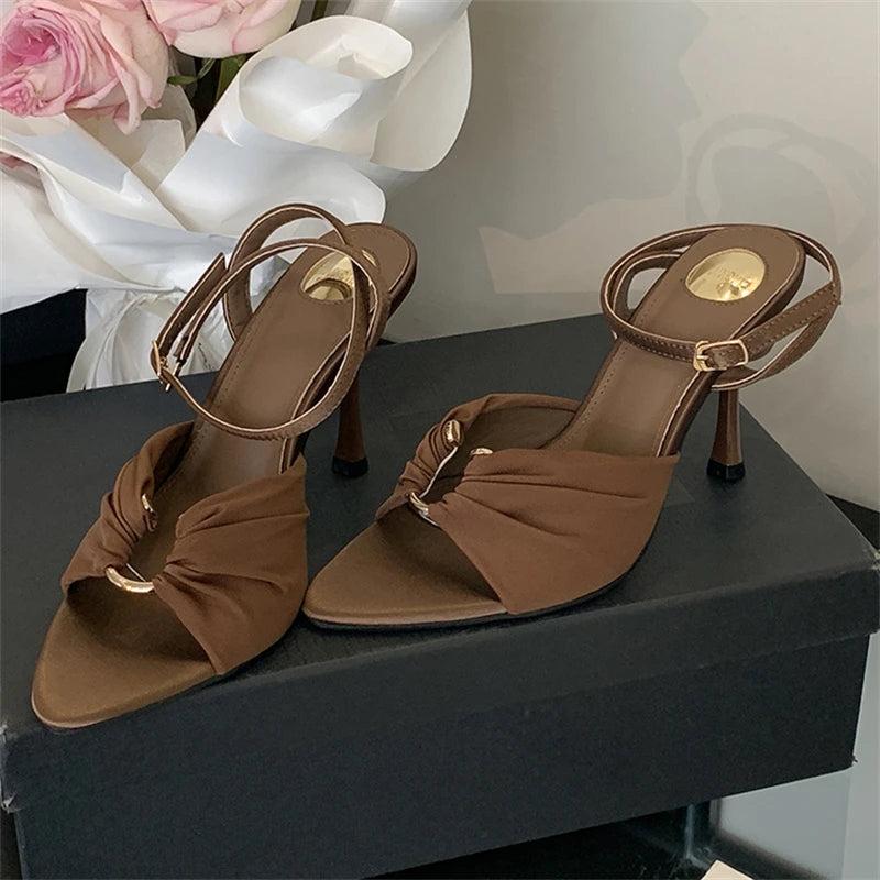 Pleated Hollow Buckle Strap Heels