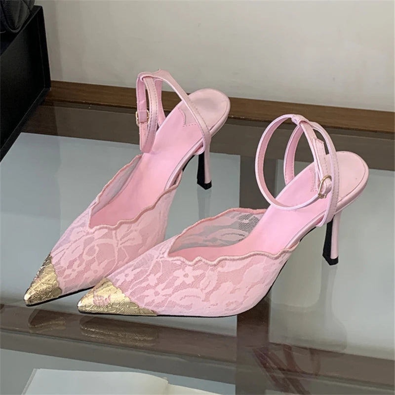 Lace Pointed Toe Slingback Heels