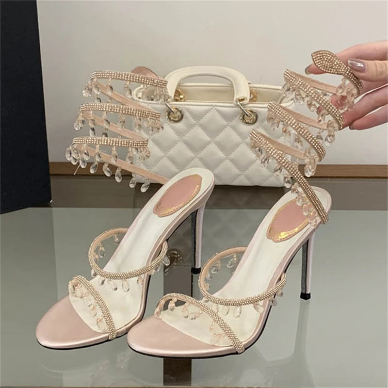 Crystal Diamond Pendant Thin Heel Pumps