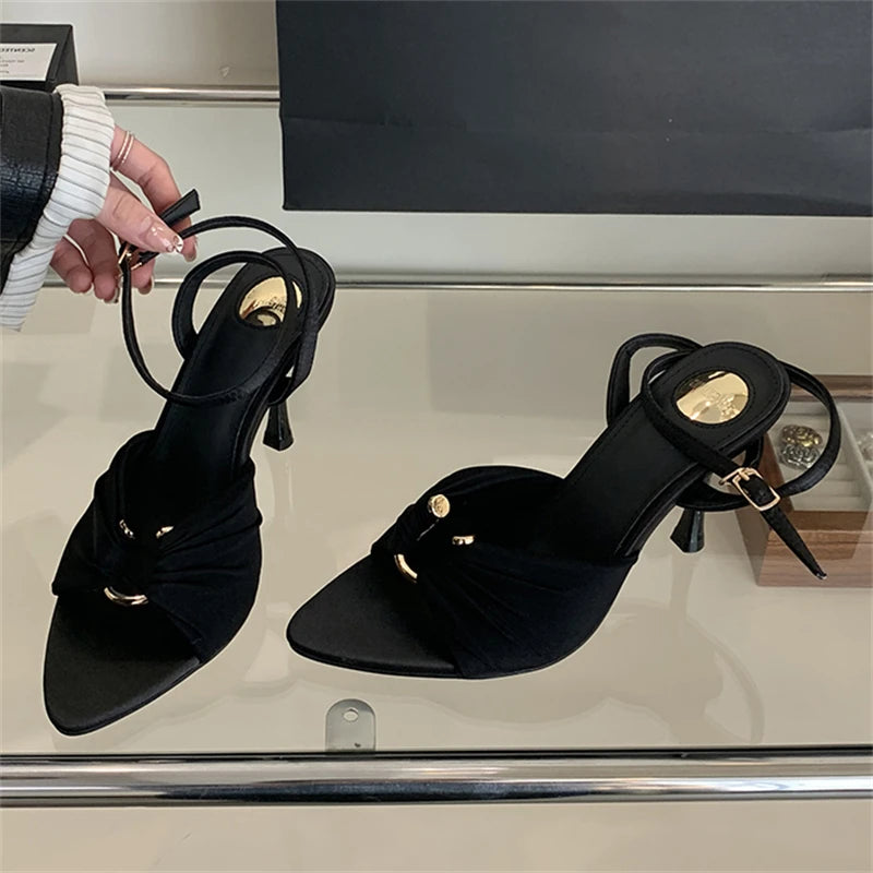 Pleated Hollow Buckle Strap Heels