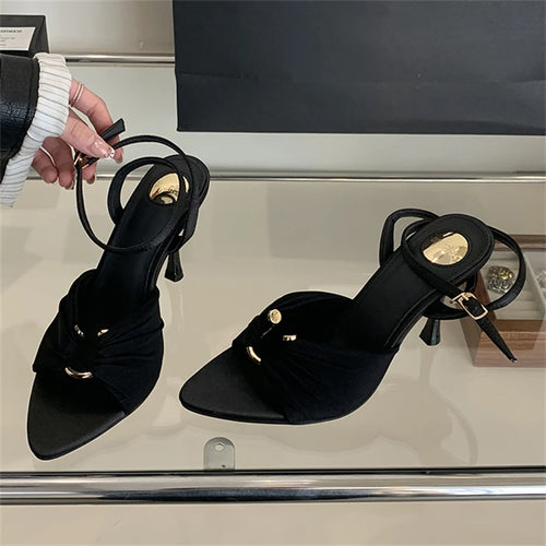 Pleated Hollow Buckle Strap Heels