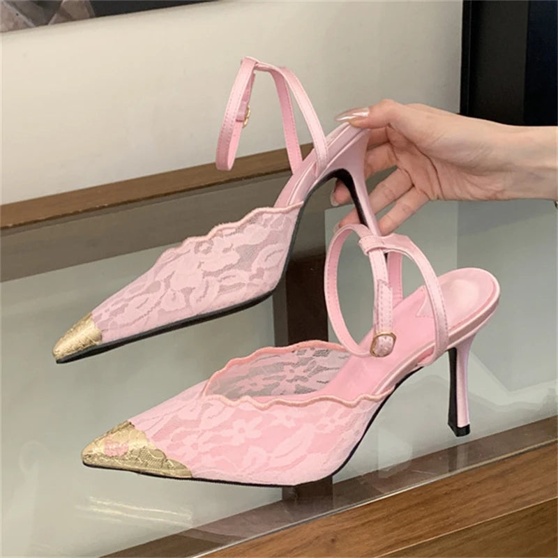 Lace Pointed Toe Slingback Heels