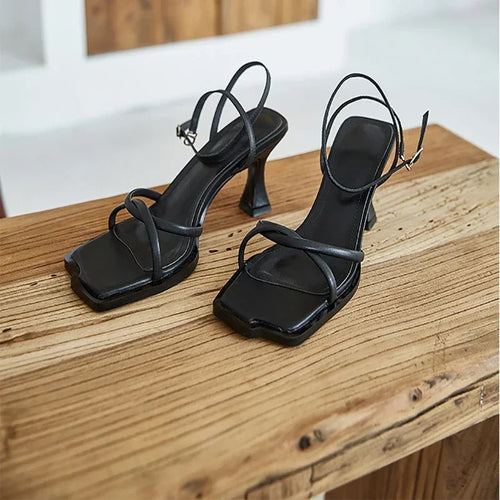Narrow Band Ankle Strap Thick Heel Sandals