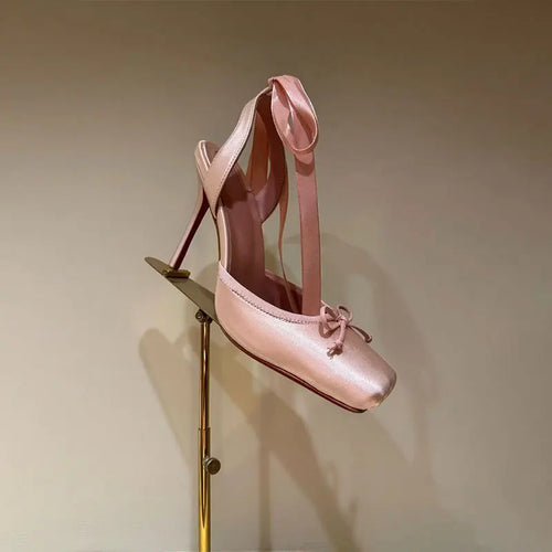 Satin Square Toe Ankle Strap Heels