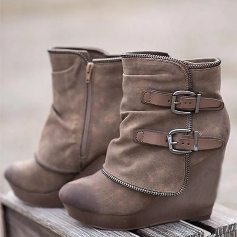 Suede Wedge High Heel Boots