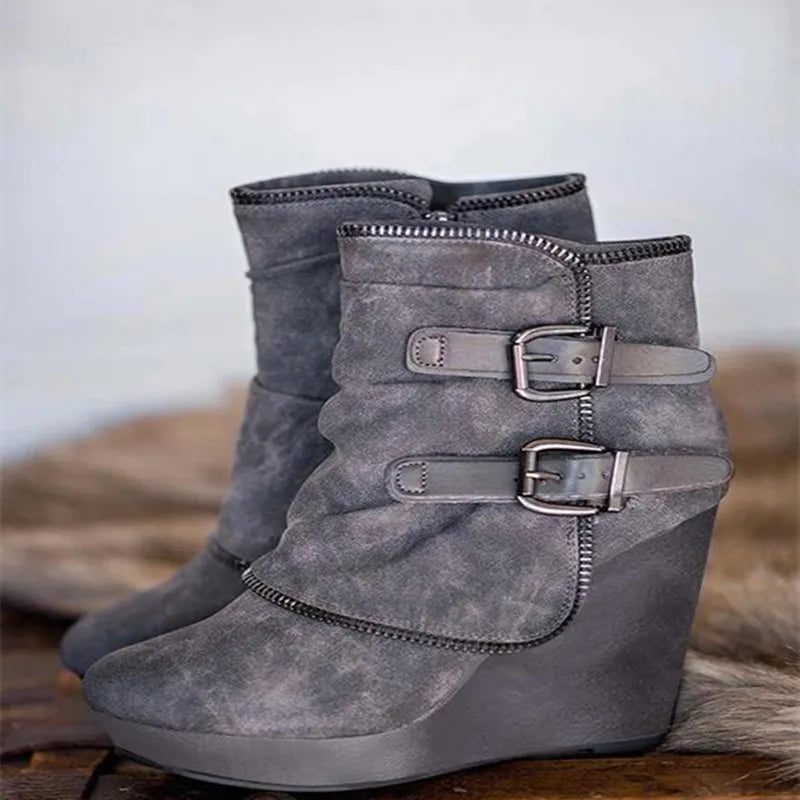 Suede Wedge High Heel Boots