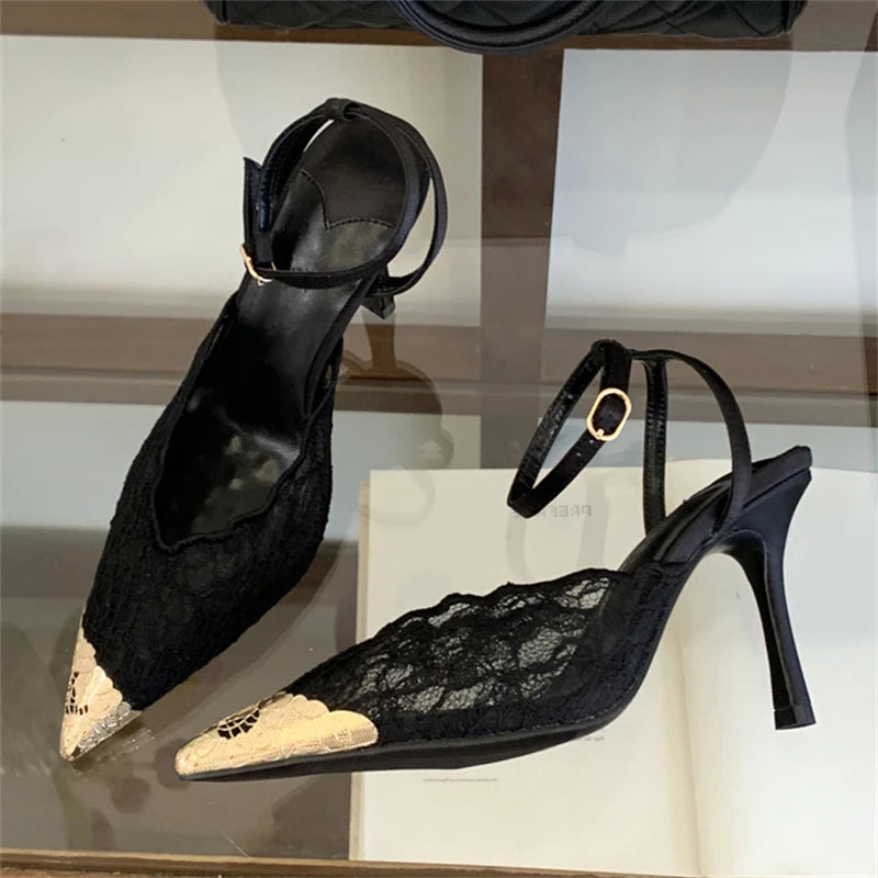 Lace Pointed Toe Slingback Heels