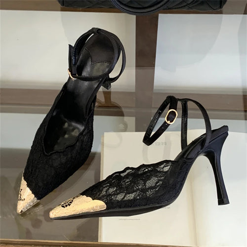 Lace Pointed Toe Slingback Heels