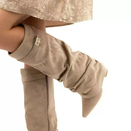 Metal Buckle Knee-High Pointed Toe Boots