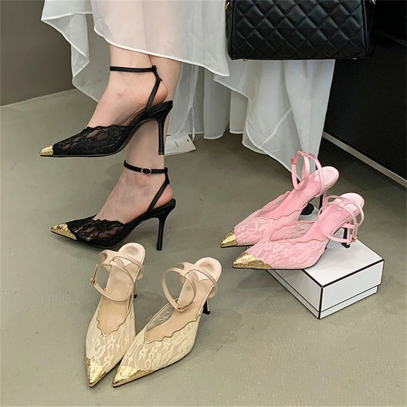 Lace Pointed Toe Slingback Heels