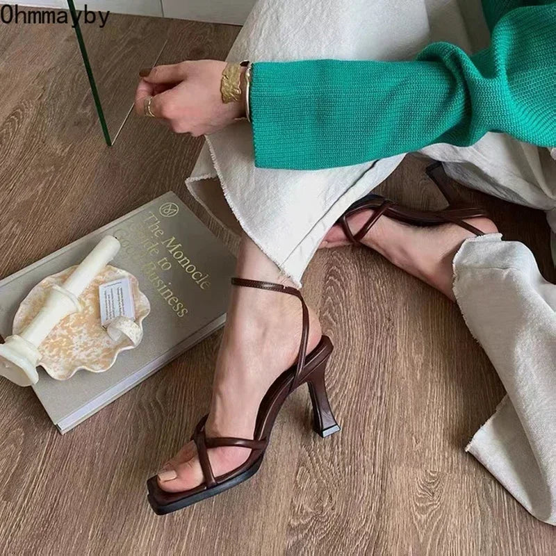 Narrow Band Ankle Strap Thick Heel Sandals