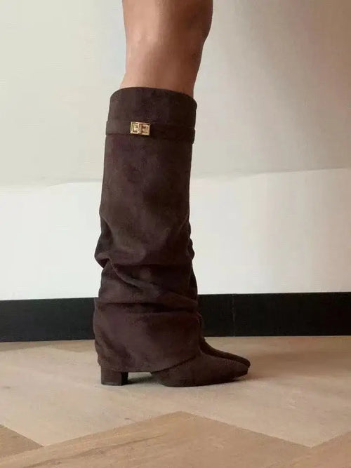 Metal Buckle Knee-High Pointed Toe Boots