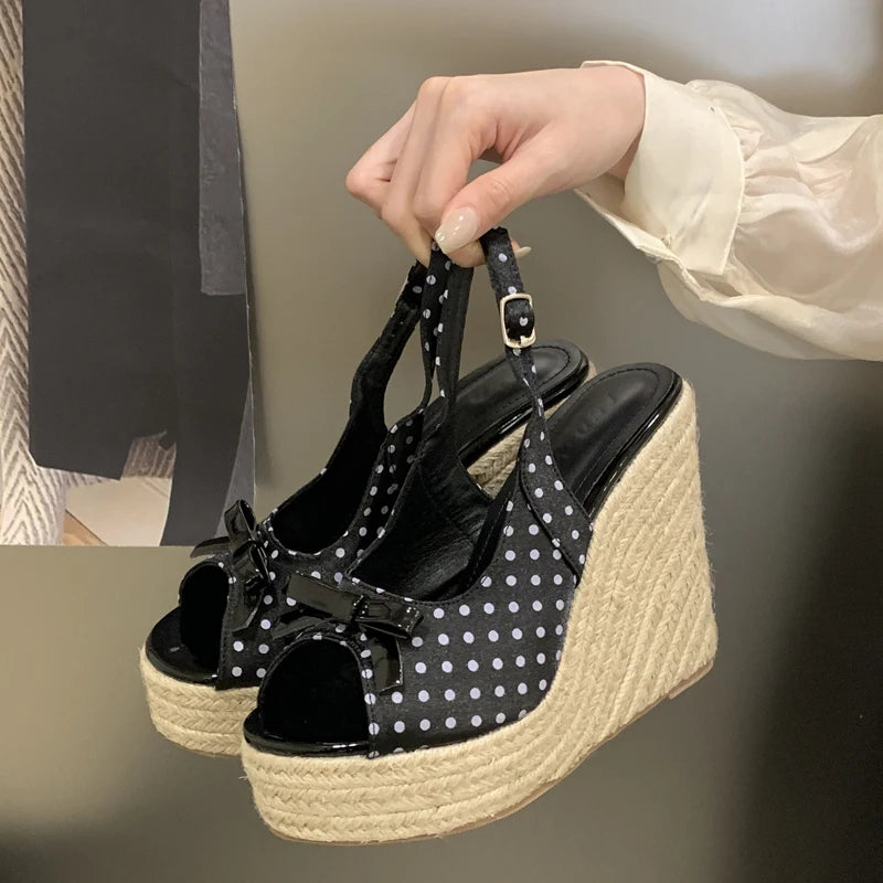 Aneikeh Summer Thick Soled Grass Woven High Heels Casual Retro Roman