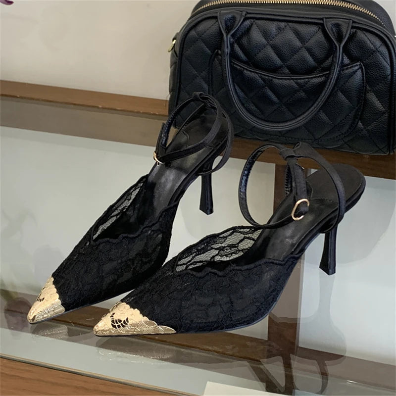 Lace Pointed Toe Slingback Heels